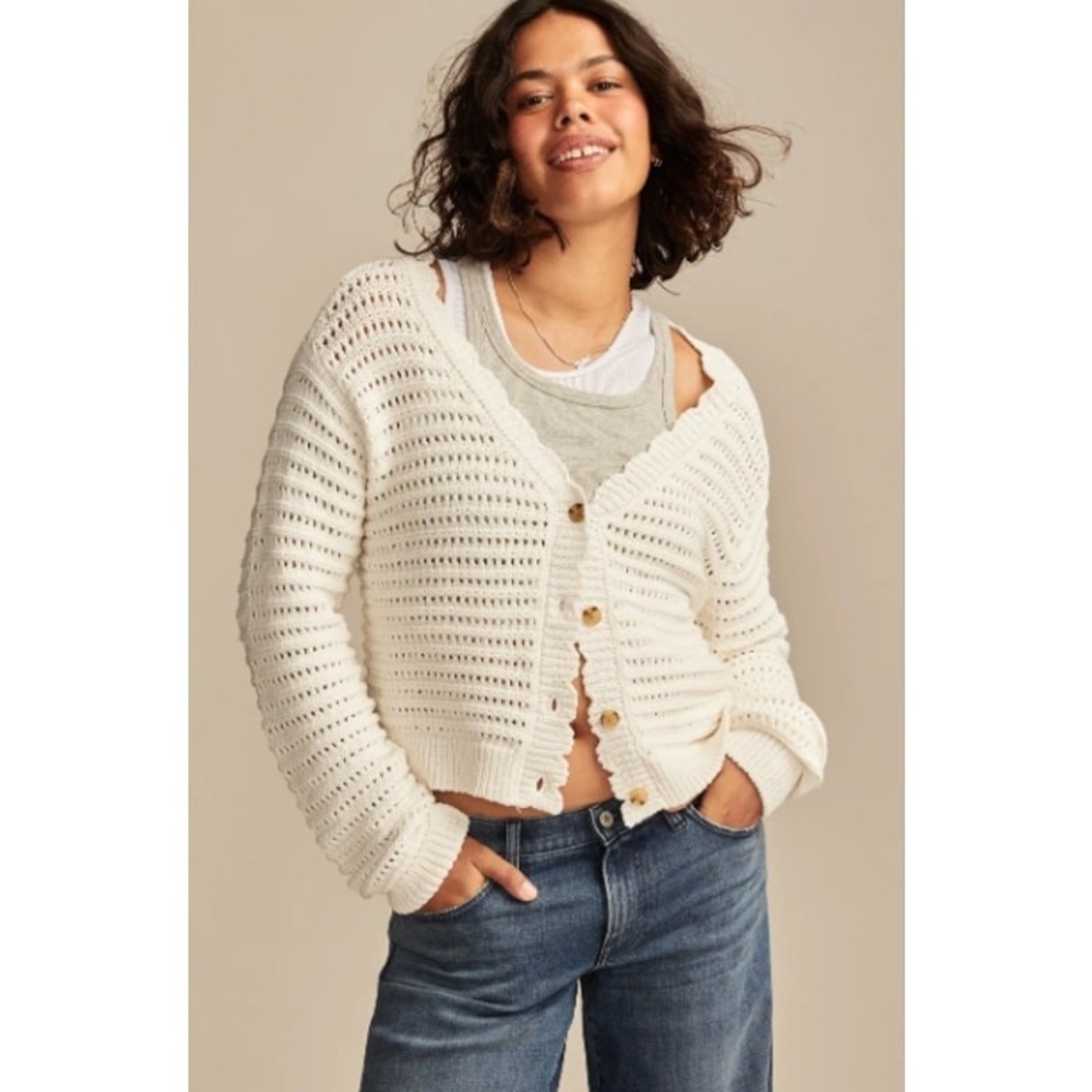 Lucky Brand Scallop Pointelle Cardigan Sweater Womens Small White Crochet Knit
